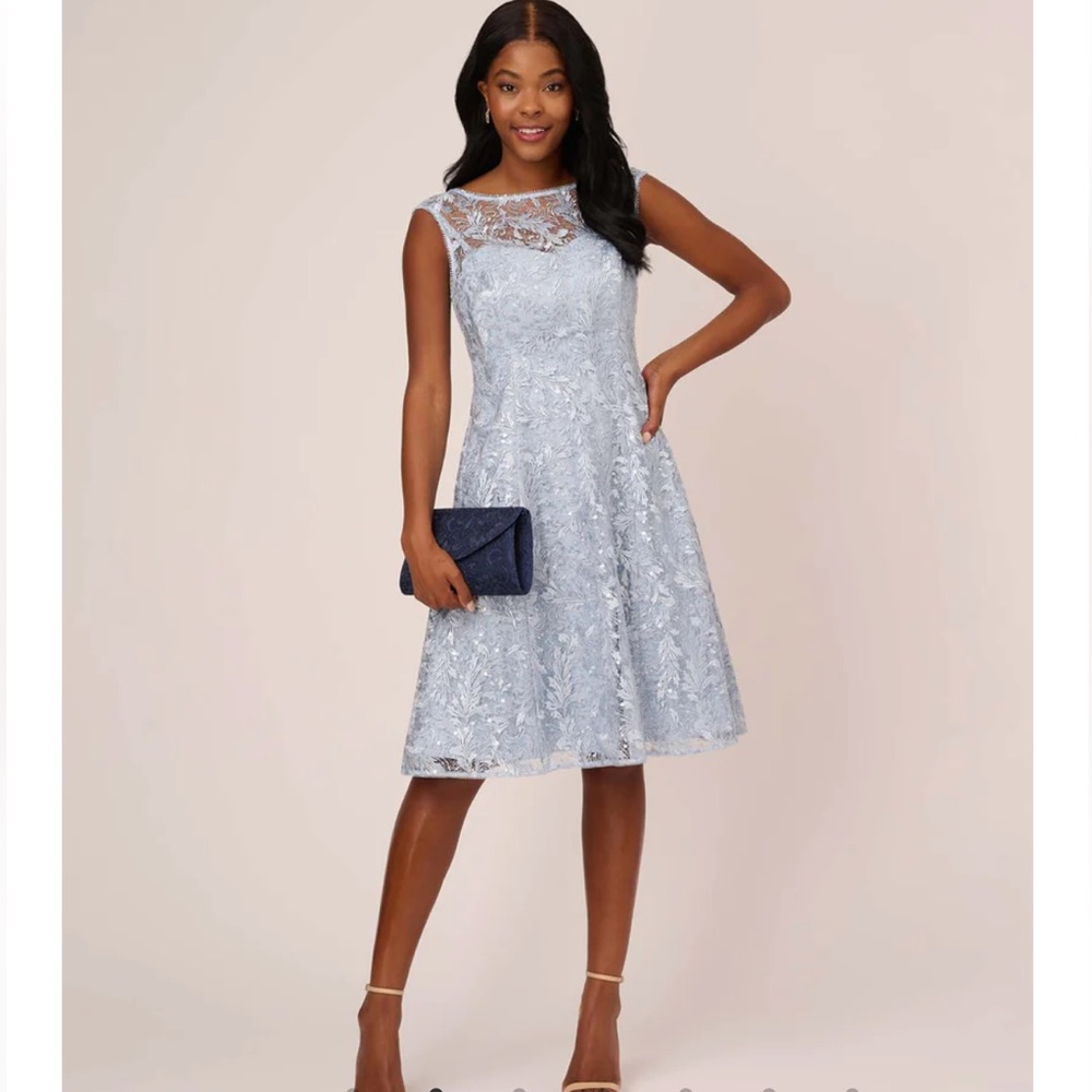 NWT ADRIANNA PAPELL | BLUE EMBROIDERED SLEEVELESS MIDI COCKTAIL DRESS SKYWAY 8